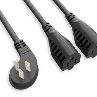 14 AWG Power Cord Splitter Extension NEMA 5-15P Low Profile Angled to NMEA 5-15R x 2