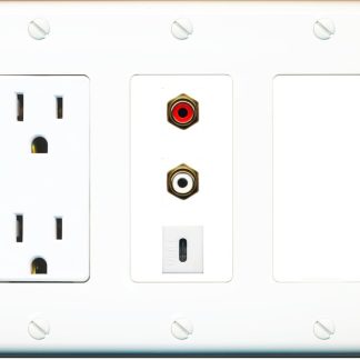 3 Gang Outlet wall plate in White, with 1 RCA Red, 1 RCA White, 1 USB-C jacks
