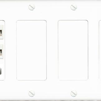 6 Gang Outlet wall plate in White, with 4 Cat6, 1 HDMI, 1 Coax F-Type jacks